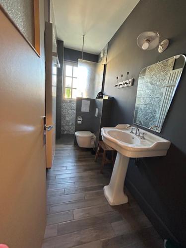 La salle de bains est pourvue d'un lavabo et de toilettes. dans l'établissement Domaine de Neuvon, à Plombières-lès-Dijon