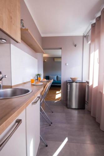 eine Küche mit einer Spüle und einer Arbeitsplatte in der Unterkunft Apartmani Barnjak in Zagreb