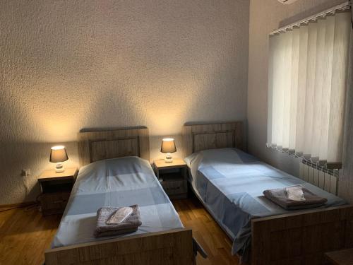 two beds sitting next to each other in a room at Nickos Hotel in Kutaisi