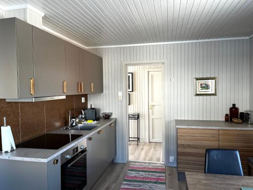 a kitchen with a sink and a counter top at Olenilsøy Cabins in Reine