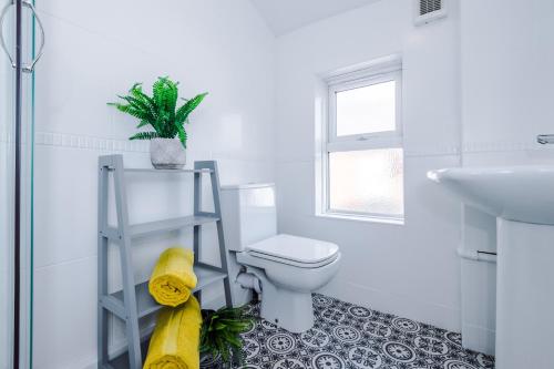 a bathroom with a toilet and a sink at NEW! Stylish 2-bed home, in Chester by 53 Degrees Property, Ideal for Long Stays, Great location - Sleeps 6 in Chester