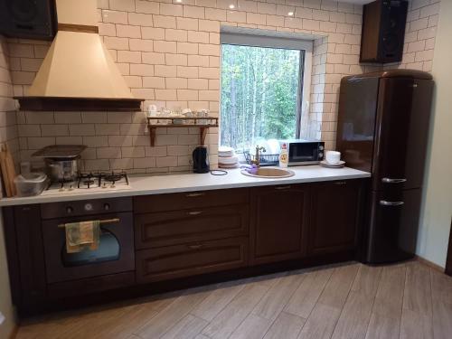 a kitchen with a black refrigerator and a sink at Lesnoj holiday in Vilnius
