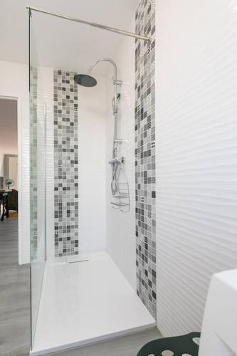 une salle de bain avec une douche avec une porte vitrée dans l'établissement LE PANORAMA à deux pas du centre ville, à Dijon