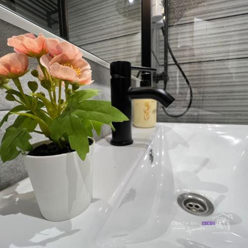- un lavabo blanc dans la salle de bains avec une plante en pot dans l'établissement Apartamento El Mozo, à Labastida
