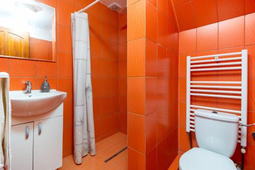 VidraにあるCasa de Vacanta Cascadaのオレンジ色のバスルーム(トイレ、シンク付)