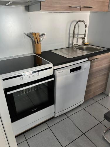 une cuisine avec un évier et une cuisinière four supérieur dans l'établissement Appartement centre ville Luz Saint Sauveur T4 pour 10 personnes, à Luz-Saint-Sauveur