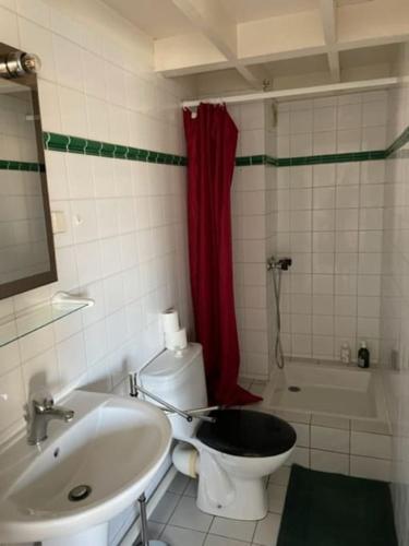 uma casa de banho com um WC, um lavatório e uma banheira em Studio vue mer en Centre-Ville em Dinard