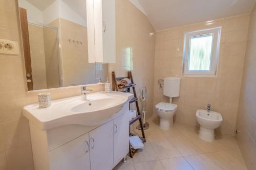 a bathroom with a sink and a toilet at Amazing 4 bedroom villa with Swimming pool and WIFI, family frendly in Tribalj