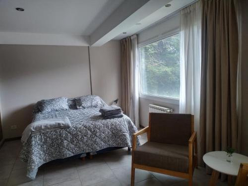 1 dormitorio con 1 cama, 1 silla y 1 ventana en MONOAMBIENTE MUY LUMINOSO! en San Carlos de Bariloche