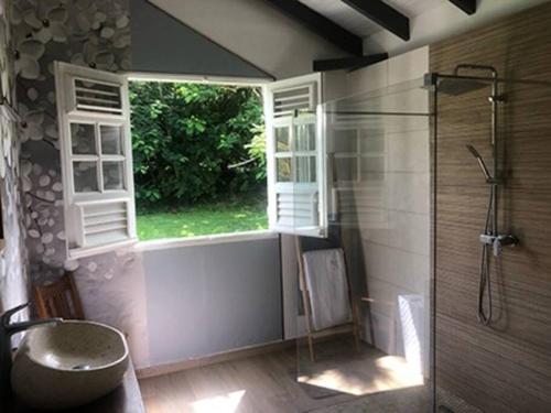 a bathroom with a shower and a sink and a window at La Sucrerie, magnifique villa avec Piscine in Sainte-Anne