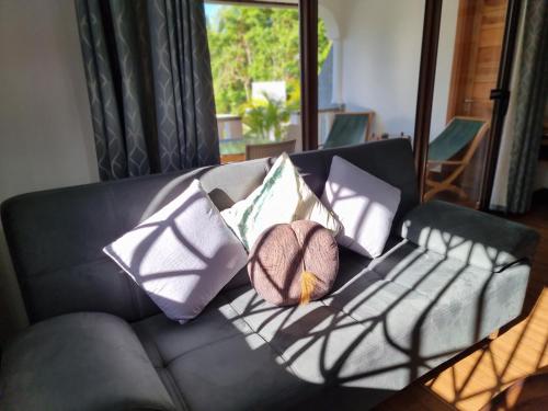 a black couch with pillows on it in a living room at Drake Seaside Studio Apartments in Bel Ombre