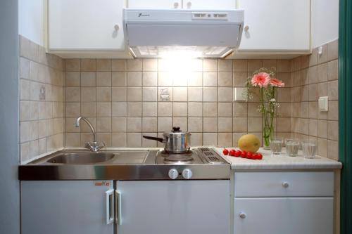 eine Küche mit einer Spüle und einer Arbeitsplatte in der Unterkunft Sofia Studios Kathisma in Kalamitsi