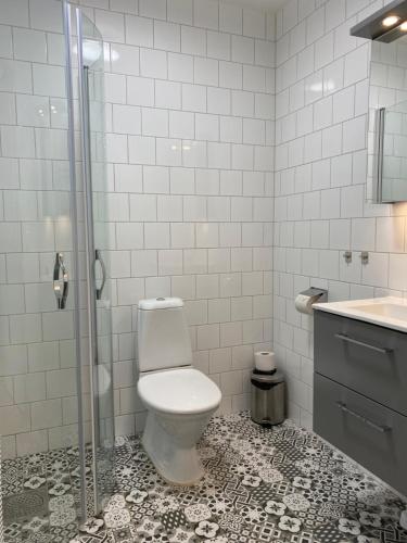 a bathroom with a toilet and a shower and a sink at Magnolia House Norrviken in Sollentuna