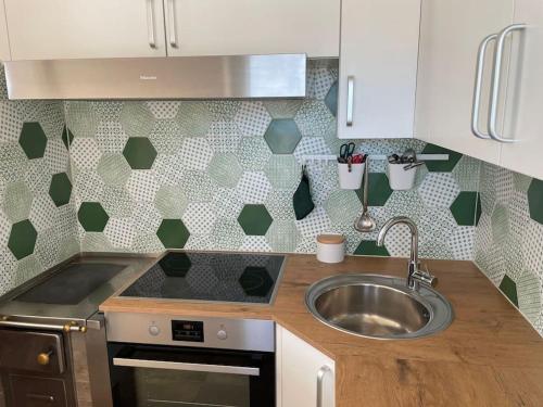 a kitchen with a stainless steel sink and green and white tiles at Das Fenster zum See-Weissensee in Weissensee