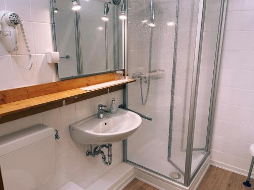 La salle de bains est pourvue d'un lavabo et d'une douche. dans l'établissement Gästehaus Kehne, à Horn-Bad Meinberg
