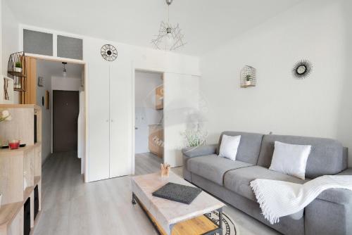 un salon avec un canapé gris et une table dans l'établissement AS23038 - Studio cabine vue sur Parc avec box, au Grau-du-Roi