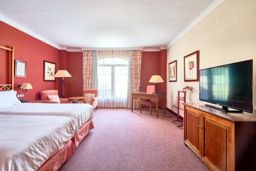 a hotel room with a bed and a flat screen tv at Hotel Fontecruz Ávila in Ávila