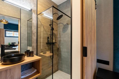 a bathroom with a shower and a sink at IronResorts Niedźwiedzia 25 in Sierosław