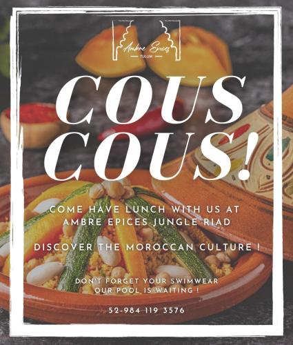 a flyer for a restaurant with a hamburger at Ambre & Epices Jungle Hotel & Spa in Tulum