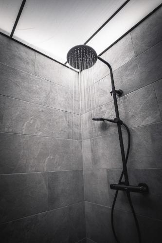 a shower with a shower head in a bathroom at Alpine Kraft in Mallnitz