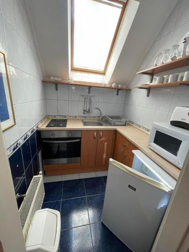 a small kitchen with a sink and a microwave at Tölgyfa Panzió in Miskolctapolca
