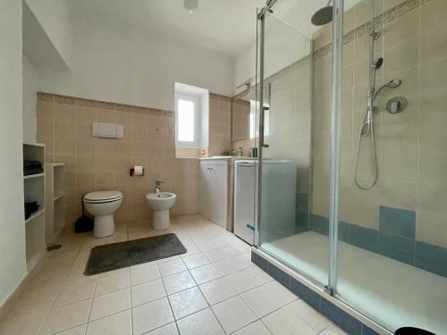 ein Bad mit einer Dusche und einem WC in der Unterkunft Nepi - Appartamento Centro Storico Duomo in Nepi