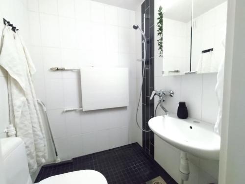 a white bathroom with a sink and a toilet at Galle BnB boheemi kaksio in Pori