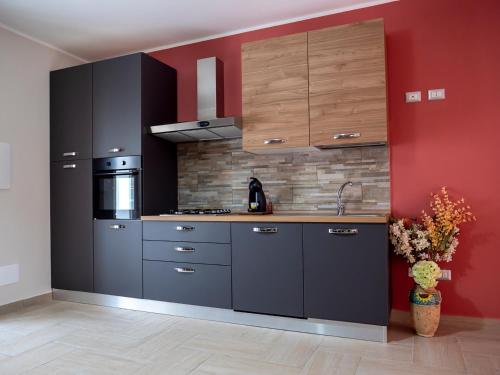 a kitchen with black cabinets and a red wall at Flower House in Santo Stefano di Camastra