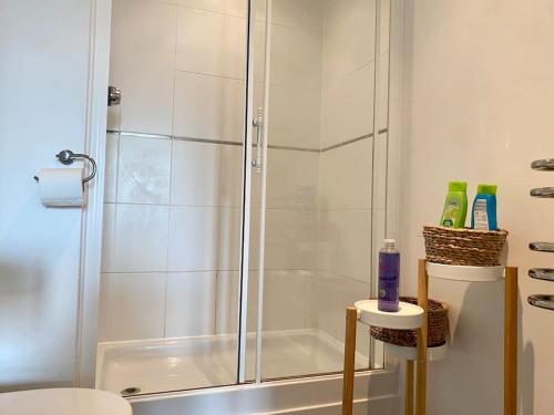 a shower with a glass door in a bathroom at Cosy Egyptian Inspired Apartment Northampton in Northampton