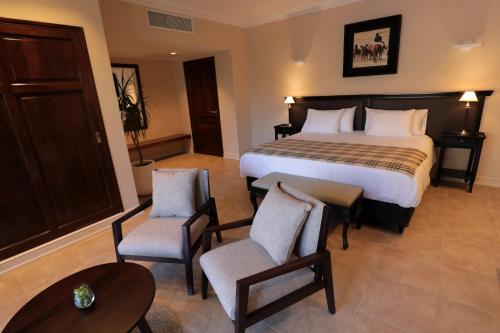 a bedroom with a bed and two chairs and a table at Casa Agostino - Luxury wine resort in Mendoza