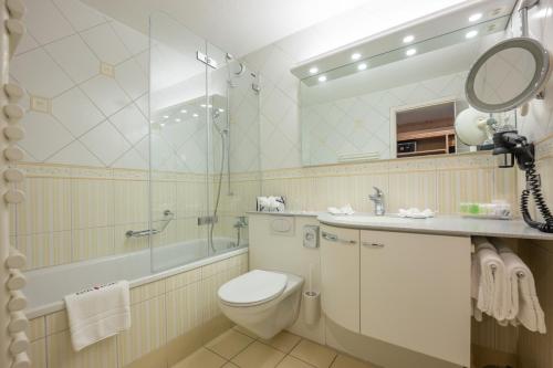 a bathroom with a toilet and a shower and a sink at Hotel Spinne Grindelwald in Grindelwald