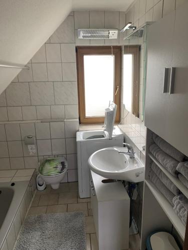 a bathroom with a sink and a toilet and a window at Sigis Fewo - Monteurwohnung in Erbendorf