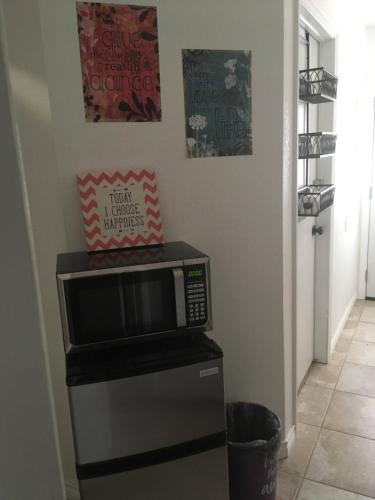 a microwave oven sitting on top of a refrigerator at Lake Shores Suites in Shady Shores
