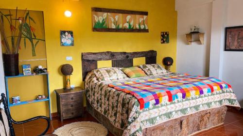 a bedroom with a bed with a colorful comforter at Finca Renacer in Tibaná