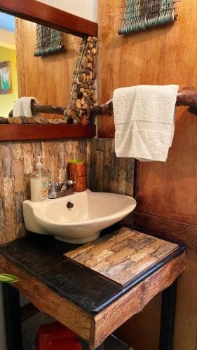 a bathroom with a sink on a wooden counter at Finca Renacer in Tibaná