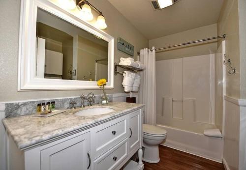 y baño con lavabo, aseo y espejo. en Comal Cottages River 403C, en New Braunfels