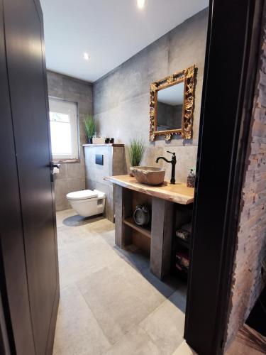 een badkamer met een wastafel en een toilet bij Exklusives Landhaus Haar, Emsland in Emsbüren