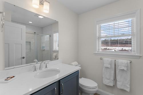 a bathroom with a sink and a toilet and a window at Owl's Nest Resort in Thornton