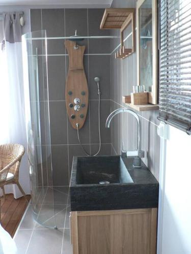 une salle de bain avec un lavabo et une douche dans l'établissement Villa 216m2, 7ch, 15 pers : piscine, spa, billard, à Pujols