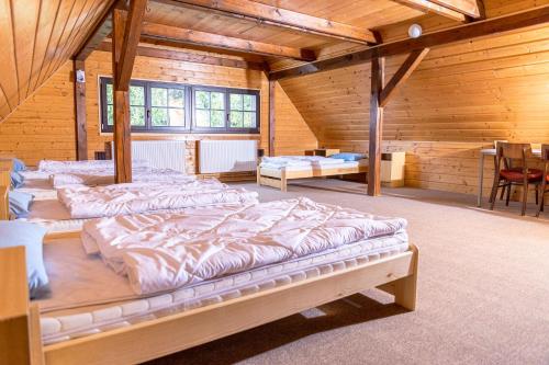 a room with three beds in a wooden house at Chalupa Na Paloučku in Orlické Záhoří 