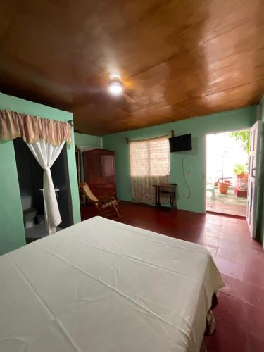 a bedroom with a white bed and a television at Hostal Familiar in Granada