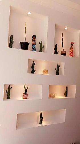 a wall with shelves filled with figurines of plants at Pousada Bom Sucesso 59 in Olinda