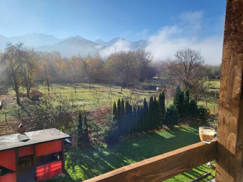 a view of a field with mountains in the background at Pensiunea ANA Vistisoara in Vistisoara