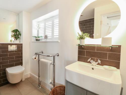 a bathroom with a sink and a toilet and a mirror at Seaspray in Sheringham