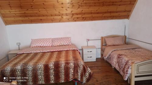 1 dormitorio con 2 camas y techo de madera en Hotel-Restorant Pepushaj en Shkodër