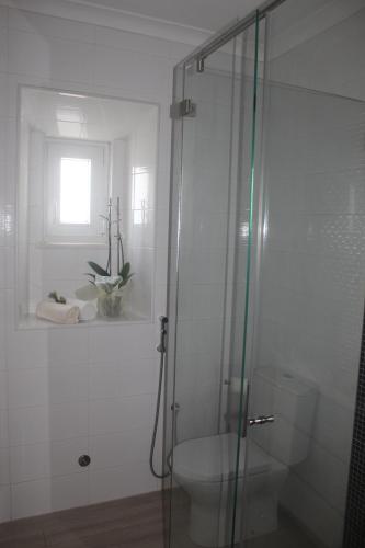 a bathroom with a shower and a toilet and a window at My home in Cercal