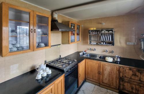 eine Küche mit Herd und Spüle in der Unterkunft A1 B&B shimla in Shimla
