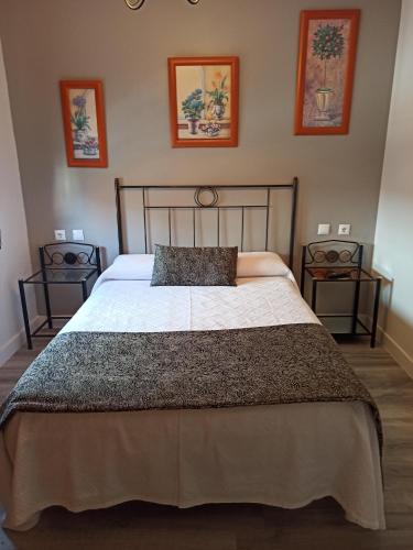 a bedroom with a large bed with two night stands at PENSION LA PARADA in Fabero