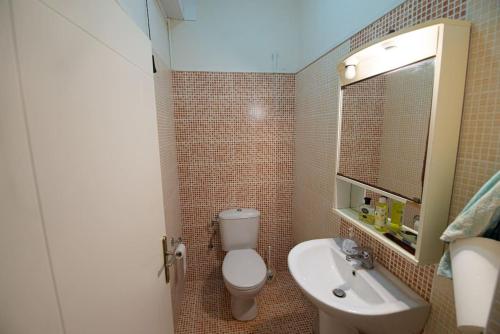 a bathroom with a toilet and a sink and a mirror at Landscape Apartment in Kallithéa