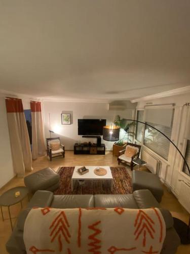 ein Wohnzimmer mit einem Sofa und einem TV in der Unterkunft Havre de paix Dax in Dax